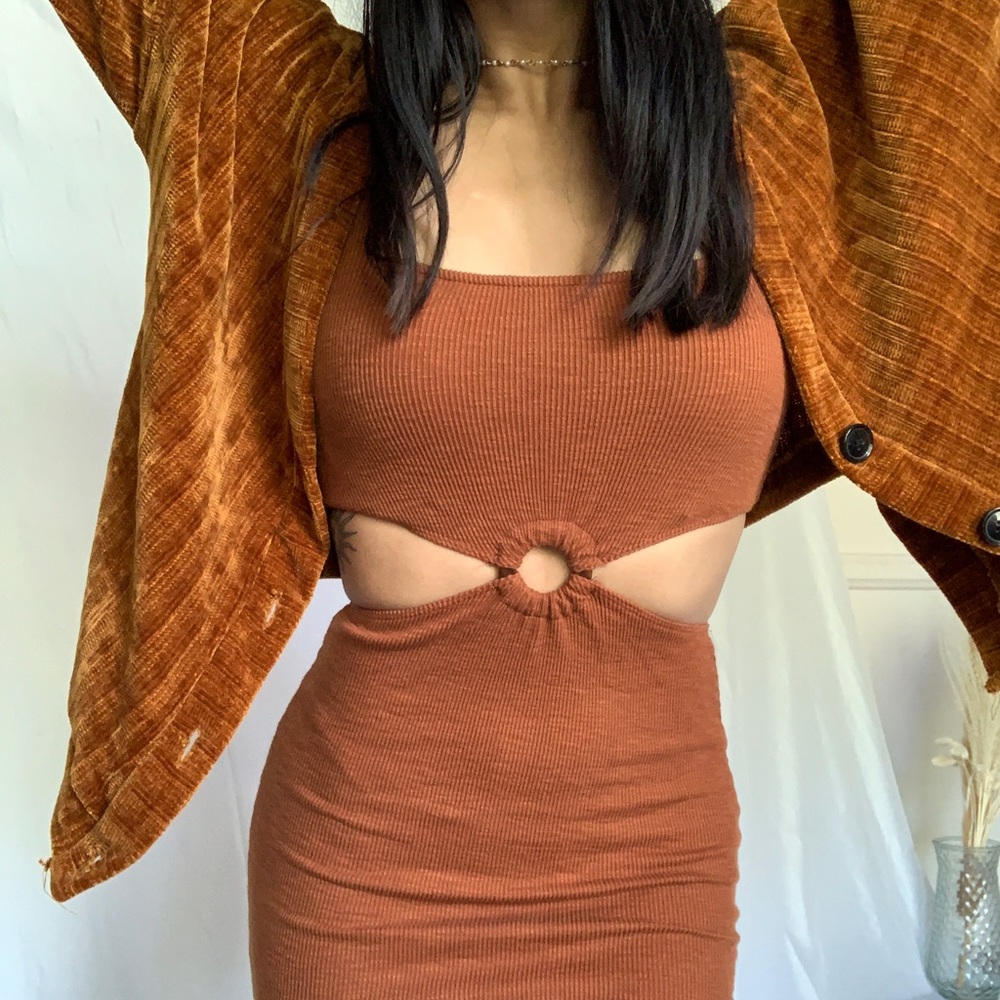Bershka Rust Ribbed Cutout Mini Dress